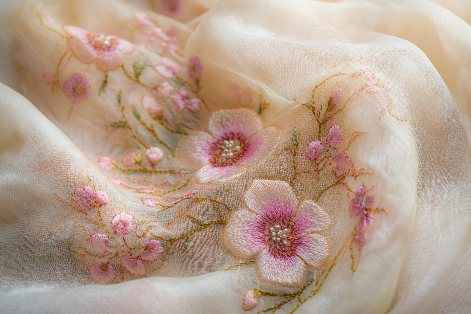 Detail of floral satin stitch on linen